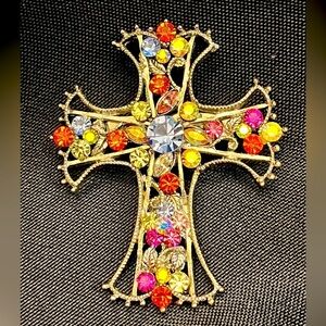Silver Cross Brooch Pin Sparkling Rhinestones Church Birthstones Glam VTG Gift